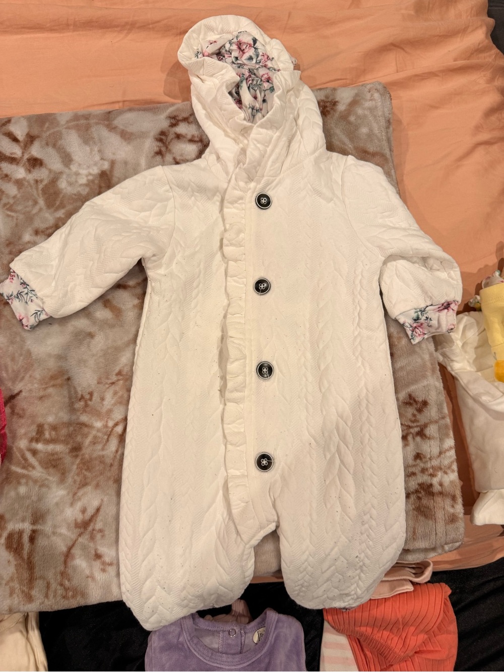 SHEIN White Quilted Hooded Baby Sleep Sack with Floral Lining